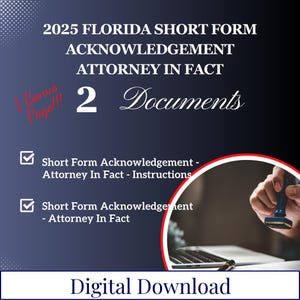 2025 Florida Short Form Acknowledgement - Attorney In Fact, Notary Acknowledgement Certificate, Notary Short Forms, Notary Forms, Printable