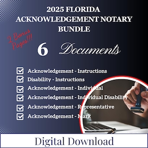 Pacchetto notarile di riconoscimento della Florida 2025 - Certificati notarili, moduli notarili, modelli notarili, stampabili, file PDF, download digitali