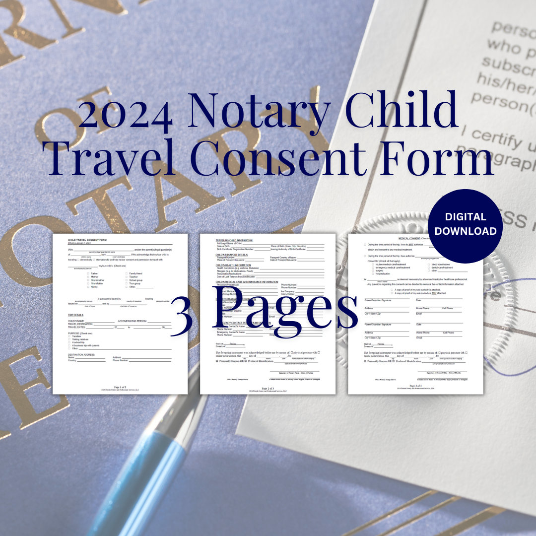 2024 Florida Notary Child Travel Consent Form, Child Consent Form