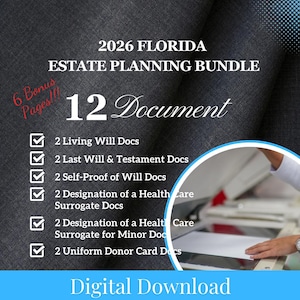 Peut inclure: Téléchargement numérique d'un ensemble de planification successorale 2026 en Floride. L'image présente du texte énumérant 12 documents, y compris les testaments biologiques, les testaments et les désignations de mandataires de soins de santé. Le texte est sur fond gris foncé texturé.