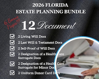 Paquete de planificación patrimonial de Florida 2026 + certificados notariales, 12 documentos legales (PDF)