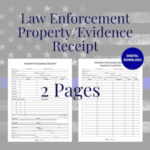Op de afbeelding: Een tweezijdig, printbaar formulier voor wetshandhaving om ontvangen eigendommen of bewijsmateriaal te documenteren. Het formulier bevat secties voor casenummer, incidentnummer, naam van de agent, datum en tijd van teruggevonden, misdrijf, plaats delict, plaats van teruggevonden en een logboek van de bewijsmateriaalketen.