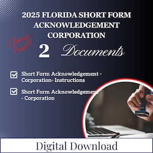2025 Florida Short Form Acknowledgement - Corporation, Notary Acknowledgement Certificate, Notary Short Forms, Notary Forms, Printable PDF