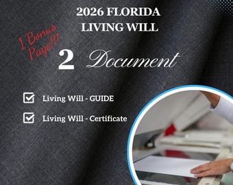 Modello di testamento biologico della Florida 2026 + certificato notarile, direttiva anticipata (download digitale)