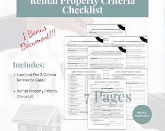 May include: A digital download titled "Landlord Rental Property Criteria Checklist." The document includes a Landlord Fee & Criteria Reference Guide and a Rental Property Criteria Checklist. The image shows 7 pages and a bonus document.