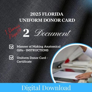 2025 Florida Uniform Donor Card, Organspende Form, Anatomische Geschenk Vorlage, Floridamuster, Nachlassplanung für Florida