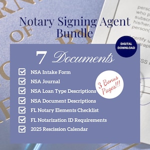 Notary Signing Agent Bundle, NSA Intake Form, Signing Agent Journal, NSA Loan Types, NSA Document Description, Elements Checklist, Digital