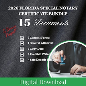 2026 Florida Notary Certificate Bundle, 15 Special Documents (Digital Download)