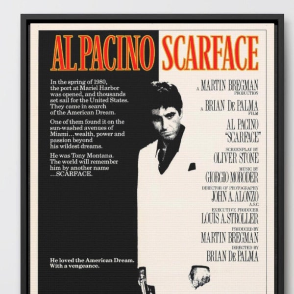 Scarface | Vintage Al Pacino Movie Poster, Film Lover Wall Art, Classic Movie Retro Home Decor Artwork, Tony Montana, Print or Framed Canvas