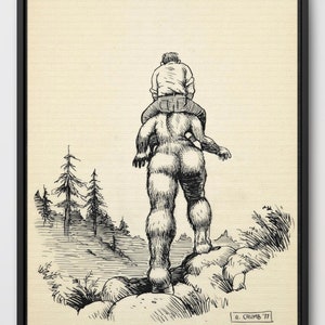 Whiteman Meets Bigfoot Poster | Classic Robert Crumb Illustration, Adult Comic Lover Wall Art, Retro Home Decor Gift, Print or Framed Canvas