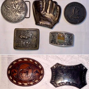 Large Collection Eleven (11) Vintage Rare Different Sizes/Shapes/Types Belt Buckles Penny|Maple Leaf|Deer|Baseball|Horse|Eagle