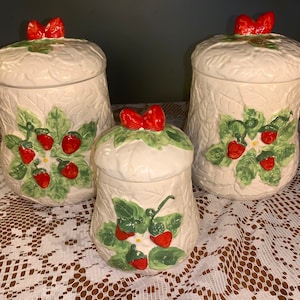 Vintage & Rarer 1950/1960’s Set of 3 Large Lidded Laurentian Pottery Quebec CANADA-Cannisters with Embossed BRIGHT Strawberries!