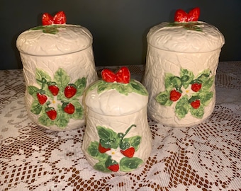 Vintage & Rarer 1950/1960’s Set of 3 Large Lidded Laurentian Pottery Quebec CANADA-Cannisters with Embossed BRIGHT Strawberries!