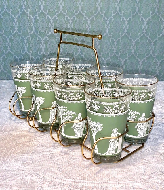 Vintage Set of Wedgwood Jeanette Hellenic Green Jasperware Glasses