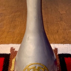 Antique 1940’s Hand Made Chinese Very Heavy 1.5 Pounds-Solid Pewter Vase With Golden Brass Inlaid Asian Symbol on Both Sides