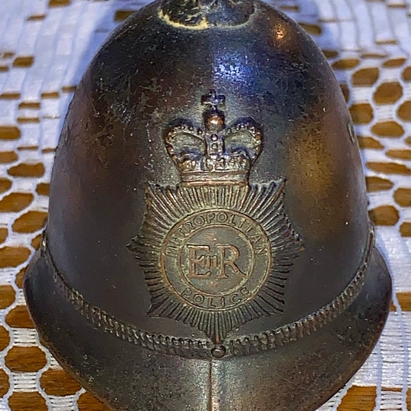 2 Vintage 1950s Brass/Copper/Metal Miniature Helmets Shaped Bell-British Policeman's Hat Bobby Helmet England “ER Metropolitan Police”