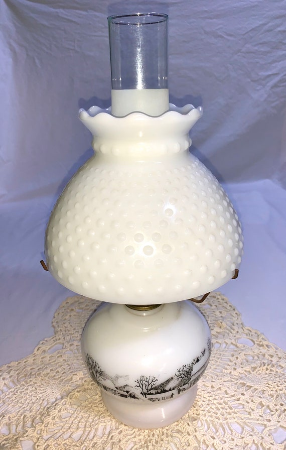 Vintage 1950's Currier and Ives Milk Glass Hobnail With Black Hand