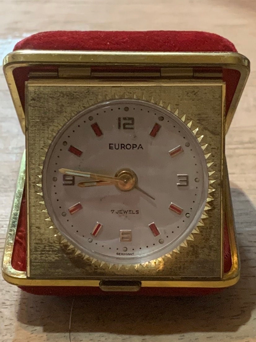 Vintage Travel Folding Alarm Clock, Circa 1930s EUROPA 7 JEWEL Made in