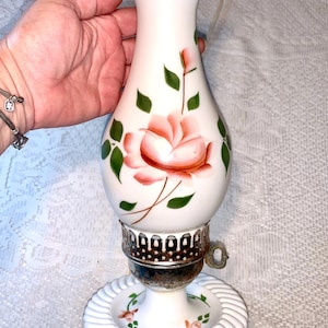 Vintage 1960s White Milk Glass Lamp Scalloped Base Hurricane Top Hand Painted Pink Roses Green Leaf Accents *NEWLY LISTED*