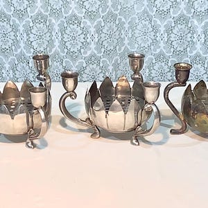 Vintage Silver Plate Centerpiece-Triple Candle Holder Lotus Flower Bowl w/ Matching Frog Insert Floral Arrangement-3 Available*NEWLY LISTED*