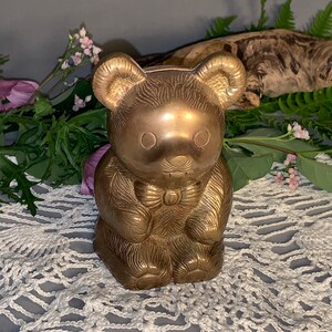 Vintage Solid Brass 1960’s Adorable 5.5” (14 cm) Tall Teddy Bear BANK