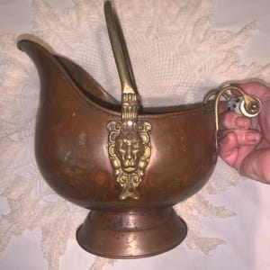 Antique Rare 1920s Copper Brass-X Large-Porcelain Delft-Fireplace Coal Scuttle Bucket Double Lion Head Handle Mount 2 Handle
