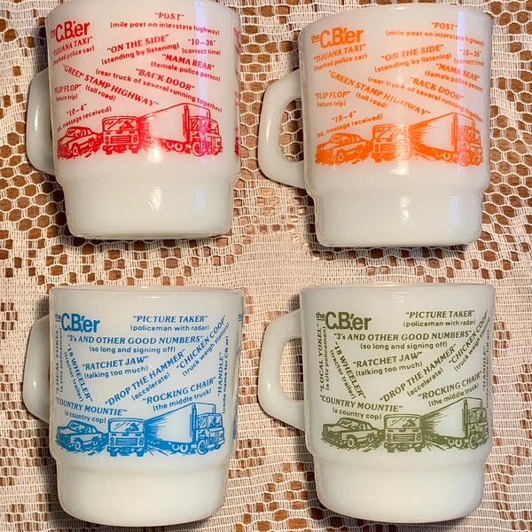 Very Rare-Fire King 1970s Vintage Anchor Hocking “C.B.’er” Radio/Trucker Milk Glass *Set of Four* Coffee Mug/Tea Cup D Handle *New Listing*