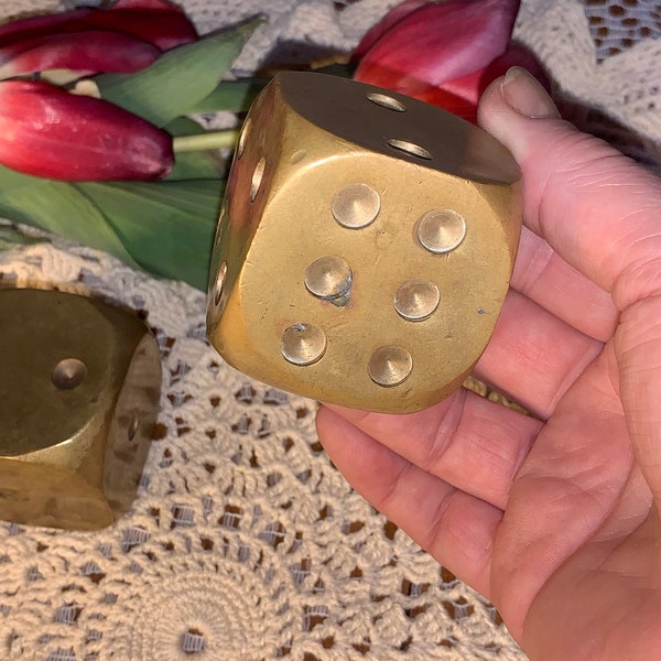 Very Large 2” Sided & Well OVER 1.5 Pounds-Vintage 1940s Solid Brass Dice Paperweights Rounded Corners-Desk Decorative Ornament*NEW LISTING*