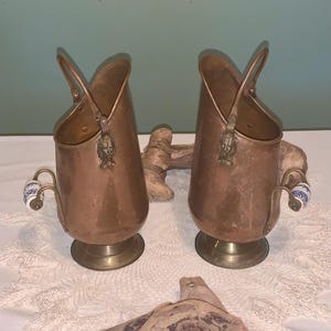 Vintage 1960s Copper Brass-11&quot; Tall-2 Available-Porcelain Delft-Fireplace Coal Scuttle Bucket Double Lion Head 2 Handle Mount