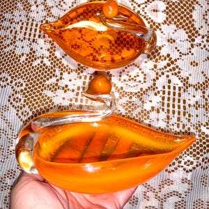 Vintage 1940’s RARE Brilliant Orange Clear Art Glass Hand Blown Pair/Set Two Swans, Candy, Nut, Trinket, Dishes by GIFTCRAFT