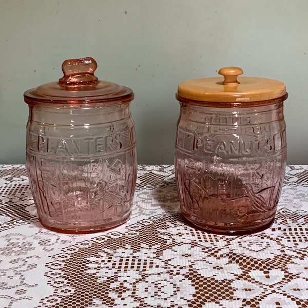 Vintage and Rarer 1940’s Planters Peanuts- “Mr Peanut” 3D Embossed Large 10.5” Tall Pink Depression Glass Barrel Shaped Lidded Store Jar