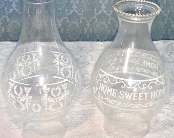 Vintage-2 Different-Hurricane/Chimney for Oil Lantern/Lamp Clear Glass-White “Torch & Wreath” or “Home Sweet Home” 16 Available-3” Wide Base