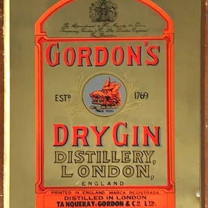 1950’s All ORIGINAL-Eglomise Mirror- Gordon’s Dry Gin Distillery, London Est. 1769-Heart of a Good Cocktail By Appointment Her Majesty Queen