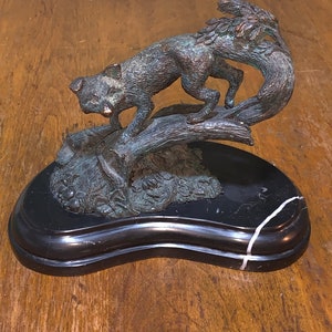 WHAT A BEAUTY! Vintage Signed S. Beatuce Fox Wild Animal Bronze Statue Sculpture on Marble Base - Figurine Art-Rare-Over 6 Pounds!!