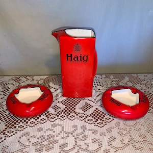 1950s Vintage Collectible “HAIG” Scotch Whisky Brewery Advertising Bright Red Uniquely Shaped Pitcher and Ashtrays
