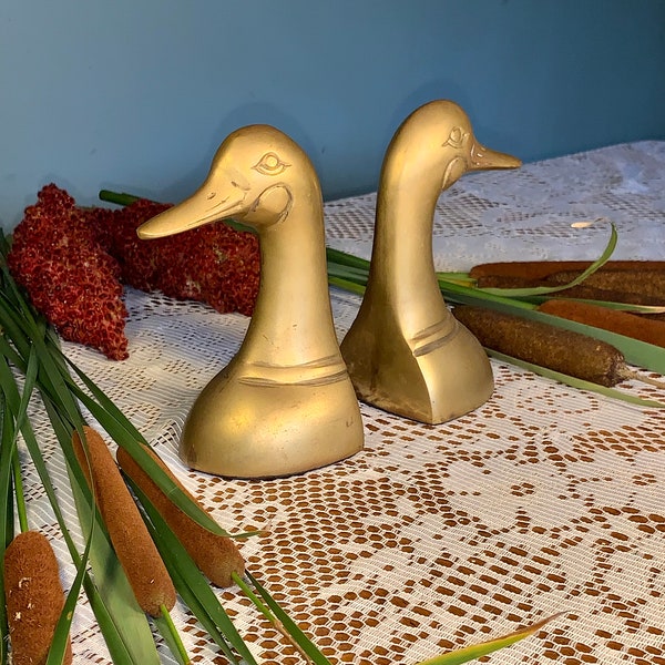 Vintage 1950’s BEAUTIFUL Brass Set of Two Mallard Duck Head Book-Ends - Sarried/Gatco/Leonard Style