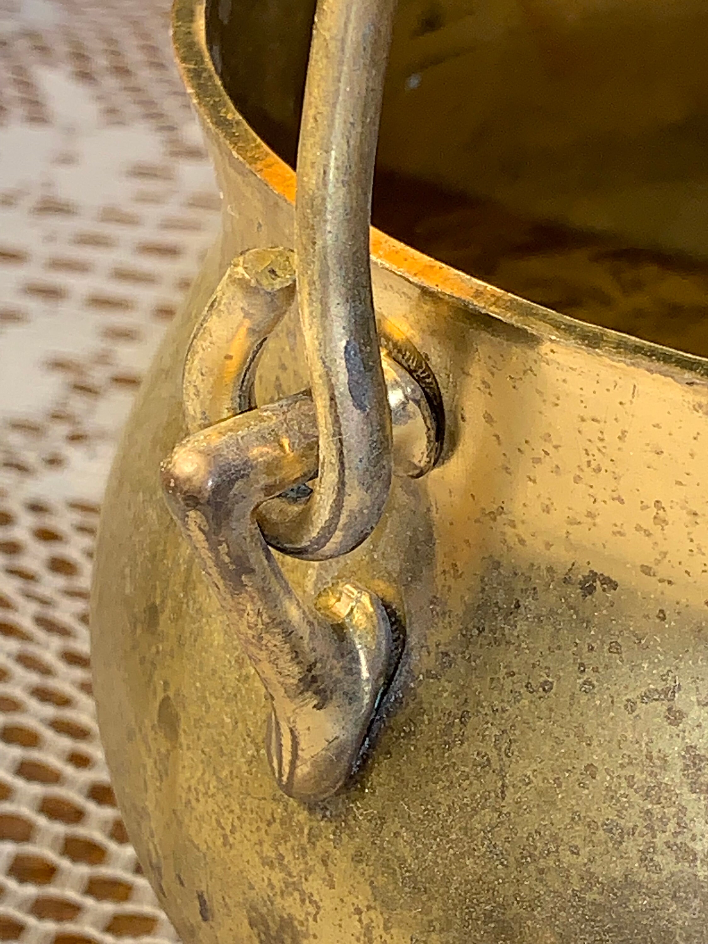 1950s Antique Solid Brass Firestarter Kettle Cauldron With Hearth Side3 Ball Footed & Lidded