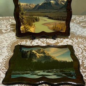 Just Like at GRANDMA’S!  Set of Two Vintage 1940’s Lacquered Wood 15” by 12” Scenic Pictures-Very Retro Kitsch