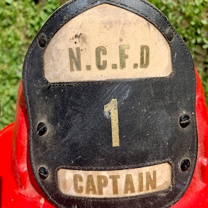1969 Vintage Brilliant Red “CAPTAIN” & “1” (N.C.F.D.) Leather Badge Front FIREMAN’S Helmet