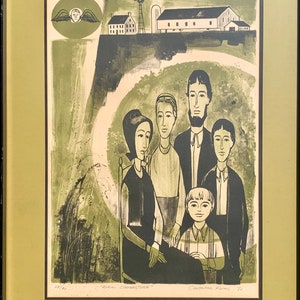 May include: A black and white print of a family in front of a farmhouse. The print is titled "Rural Cornerstone" and signed "Constantine Keras 72".