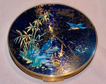 Vintage 1950s Stratton England Made-Powder Compact Blue Enamel Colored Kingfisher Birds Dragonfly Landscape Lid Gold Tone Case*NEWLY LISTED*