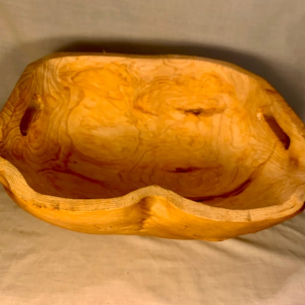 Very Beautiful and Very Big Hand Carved Wooden Burl Bowl with Great Warps & Hues and Hard to Find with Side Handles