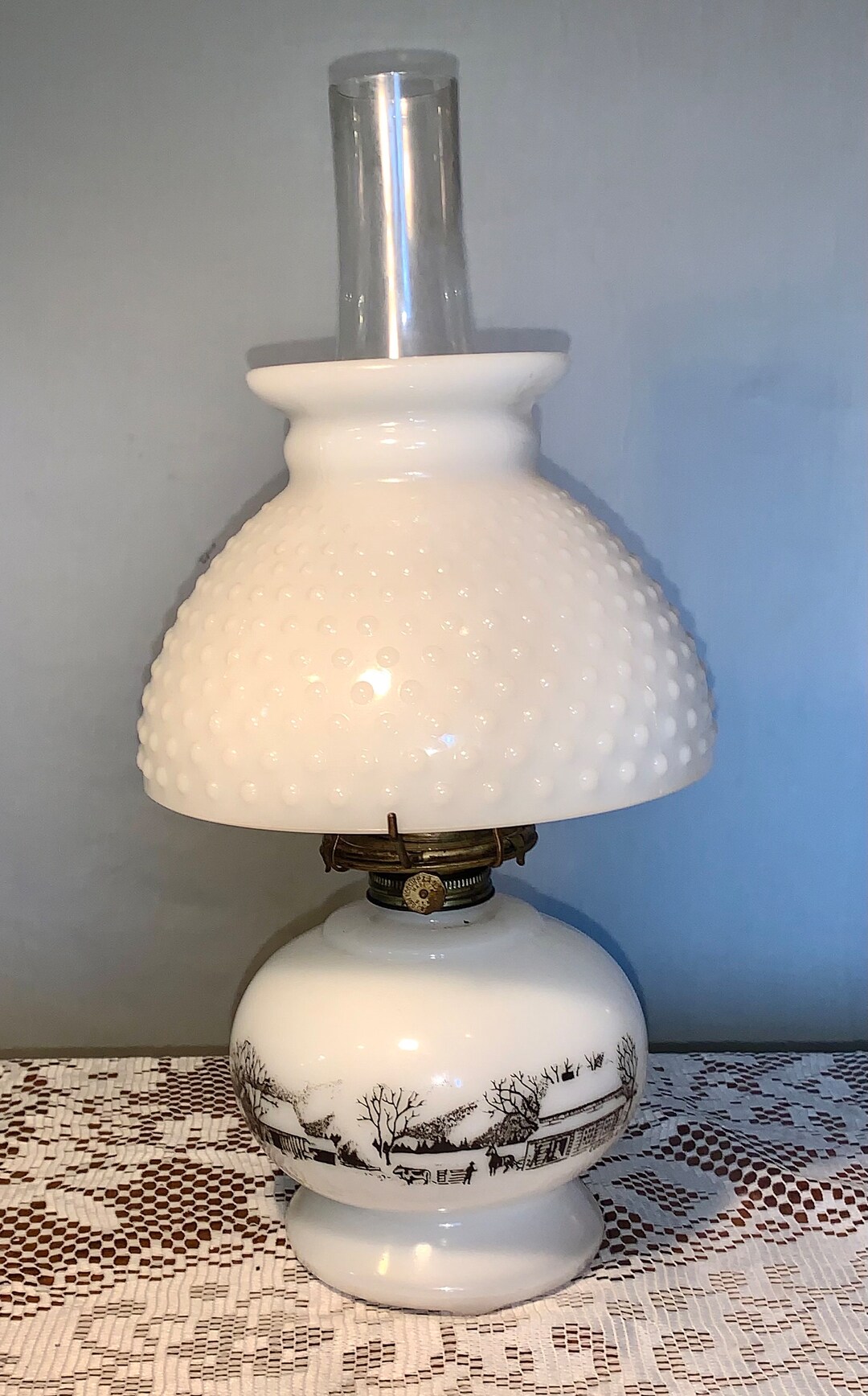 Vintage 1950's Currier and Ives Milk Glass Hobnail With Black Hand