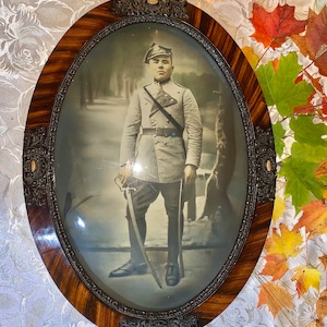 Elegant Antique Late 1800s-Early 1900s Solid Tiger Wood 3D Four Scroll w/ Gem Convex Glass and Soldier/Serviceman 22.5” Picture & Frame