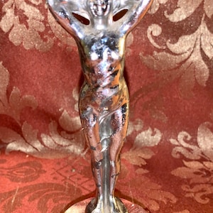 Antique Early 1900 Rare Silver Chrome w/ Transparent Base Statuette In Sheer Flowing Garment-Self Standing Figurine-Car Hood Ornament