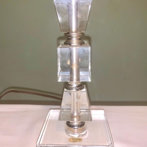 Vintage 1930s Lead Crystal Hand Carved 10” Four Stack Prism Block Geometric Shaped Boudoir Table Lamp