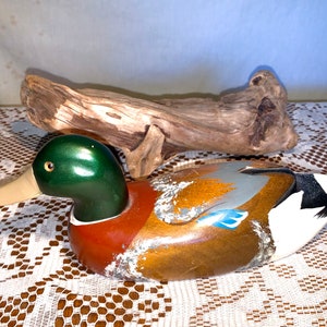 1970s Vintage Hand Painted Large 11” Long Hand Carved from ONE Solid Piece of Wood Mallard Duck Decoy Sculpture