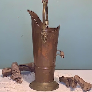 Vintage 1970s Copper Brass - 18&quot; Tall - Delft Style - Fireplace Coal Scuttle Bucket Double Lion Head Handle Mount & 2 Handles