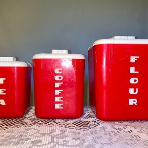 Vintage Retro Hard Plastic Canister Set Bright Red & White 6 Piece Flour, Sugar, Tea w/Lids by Rona Mid Century MCM