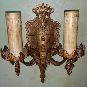 1910s Antique Bronze Brass Metallic Gold Spanish Revival Ornate Double Electrical Light Wall Sconces Pair/Set of Two(2) *NEWLY LISTED*